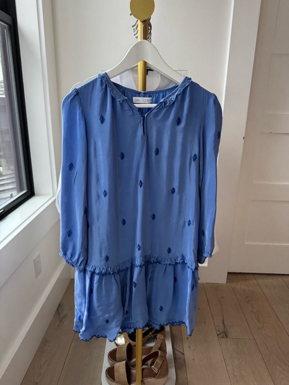 Zara Light Blue Embroidered Ruffle Neck Blouse